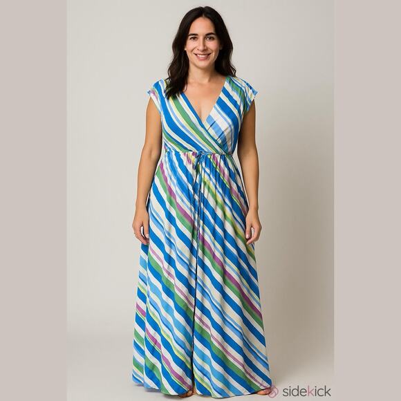 Easel Women’s Blue Green Pink Diagonal Stripe Maxi Dress Flowy Boho Size 16 - Picture 1 of 7
